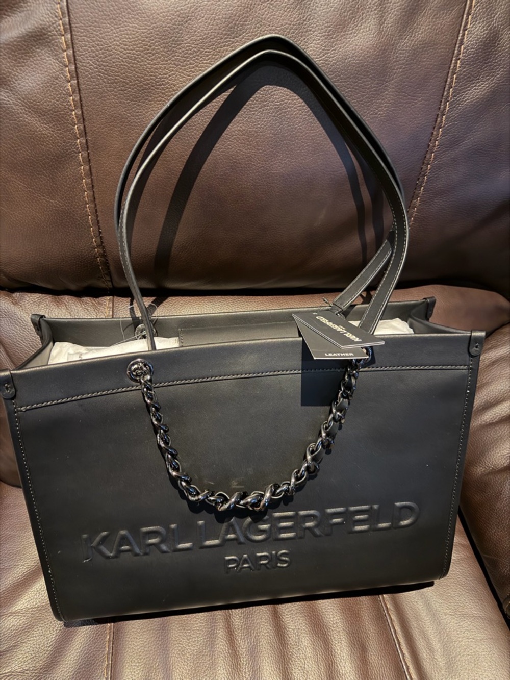 Karl Lagerfeld Black Embossed Logo Tote with Chain Detail